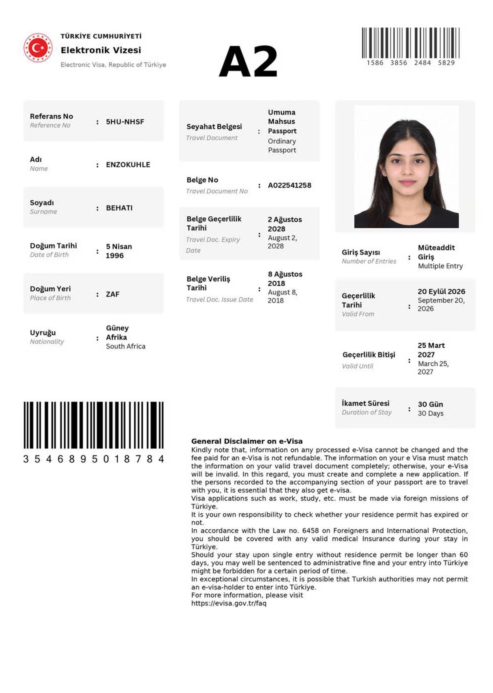 Turkey eVisa Sample